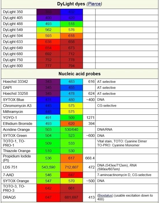 Table of Fluorochromes 네이버 블로그